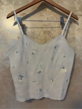 Dex Cream Ribbed Floral Embroidered Cami